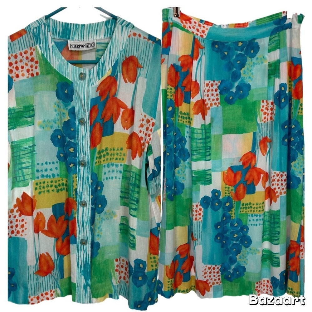 Vintage Peter Popovitch Size Large 2 Piece Set Button Shirt Skirt Coastal Jams z